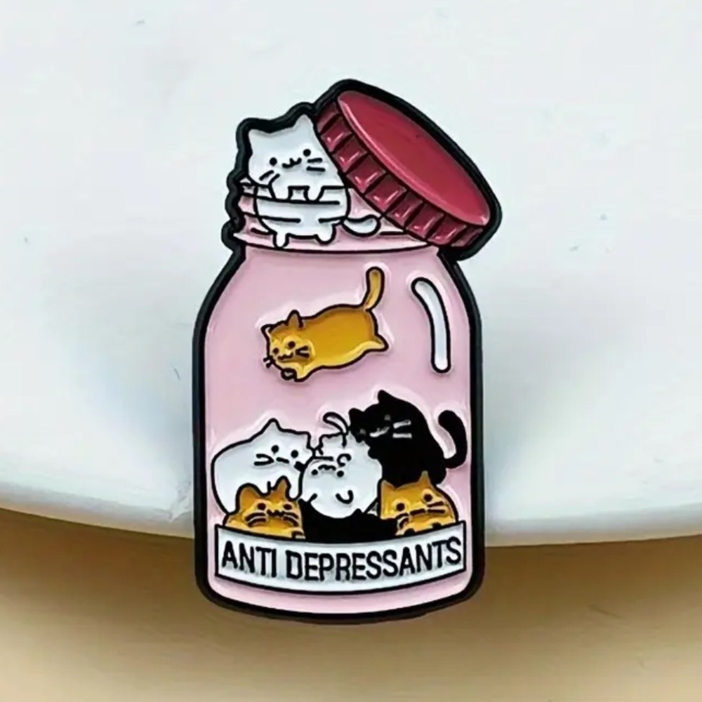 Anti-Depressants Bottle Cat Lapel Pin - Pink Glass with Red Cap